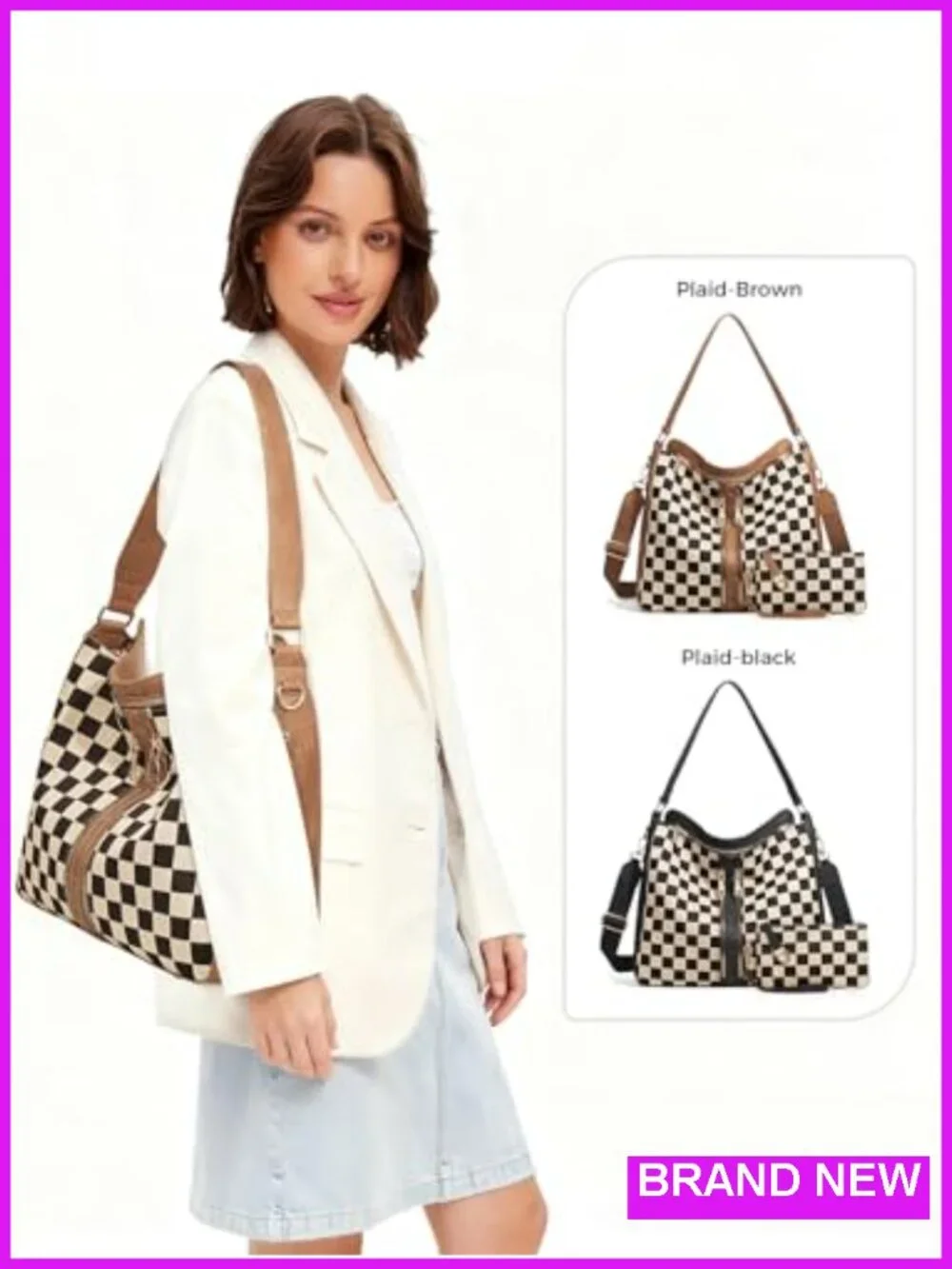 PU Leather Canvas Checkered Hobo Tote Crossbody Bag with Adjustable Strap
